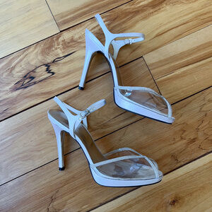 Stuart Weitzman Silver Raso Clarinet Heels Size 8.5 Sandals Strappy